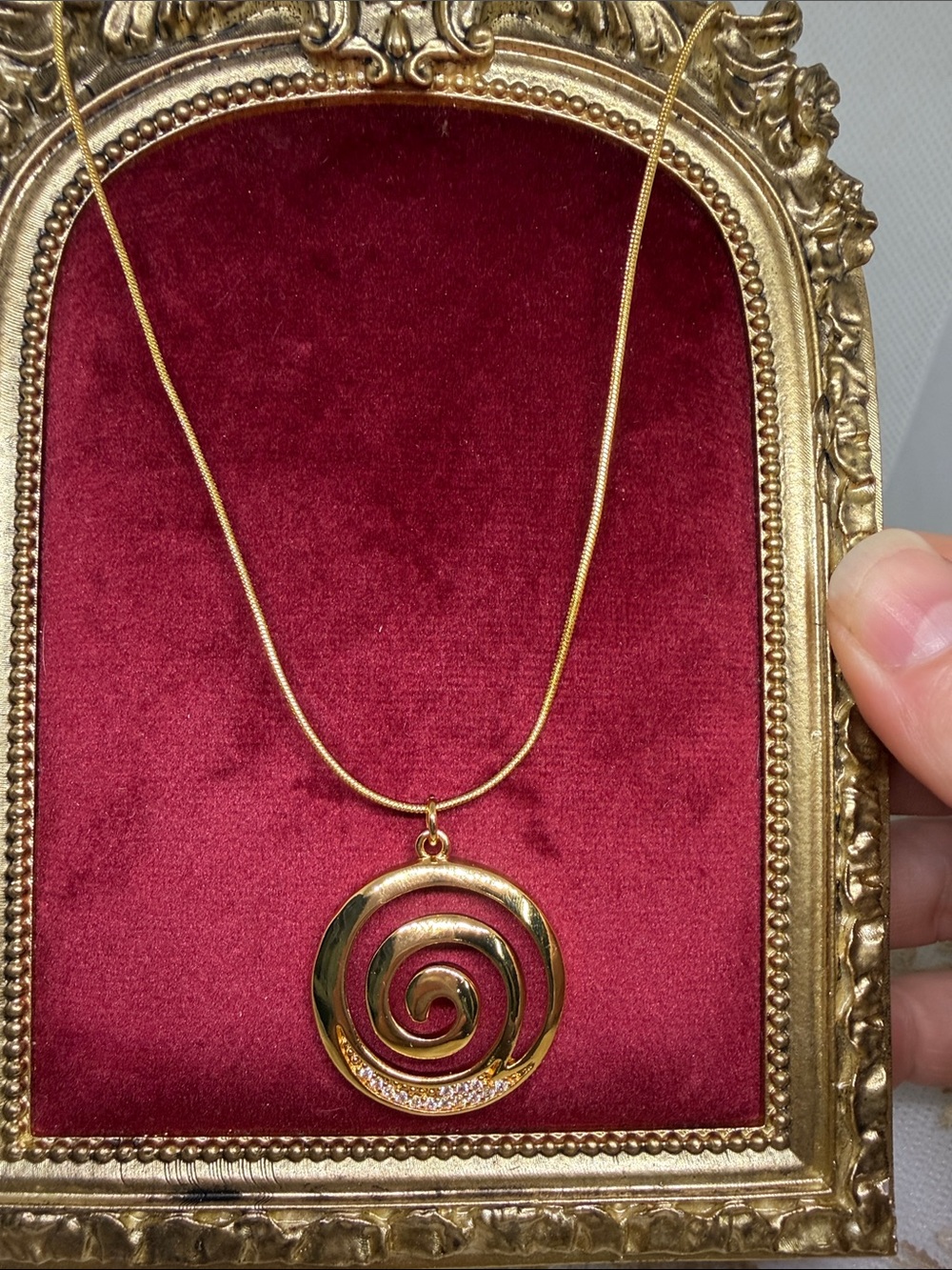 18K Gold Estate Spiral Talisman Necklace 28” Pavé CZ Statement Pendant